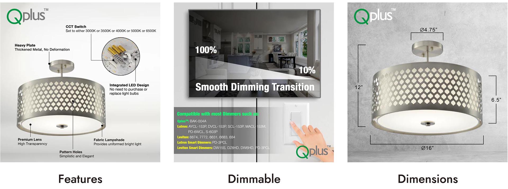 QPlus 16inch Elegant 5CCT Color Changing LED Semi Flush Mount Ceiling Light Fixture with Carving Dru(图4)