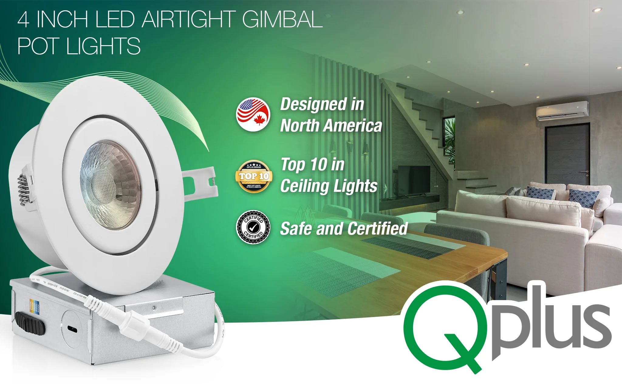 Qplus 4Inch Multicolor Temperature LED Airtight Gimbal, 10W, 750LM, 5CCT, Dimmable, Wet Location(图1)
